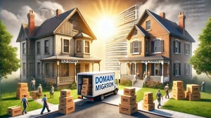 Das Bild visualisiert eine Domain-Migration. Ein Umzugswagen mit der Aufschrift 