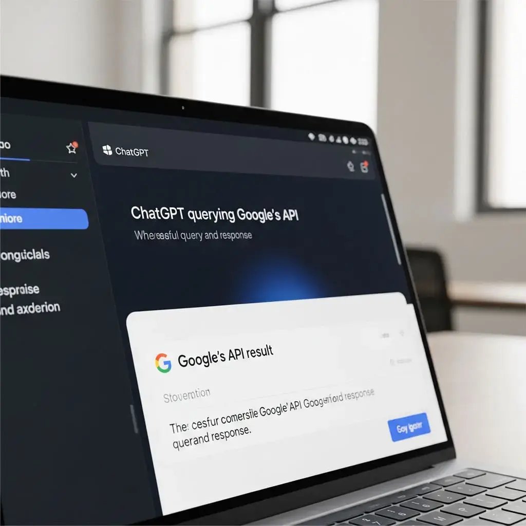 Laptop mit geöffneter ChatGPT-Oberfläche und Google API-Ergebnis im Bildschirm.
