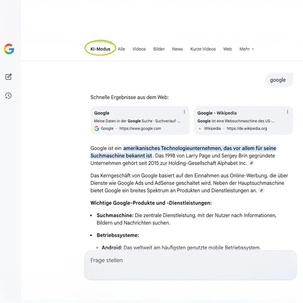 Der mobile Google-Screenshot zeigt den neuen Reiter „KI-Modus“, der die direkte, durch künstliche Intelligenz gestützte Beantwortung von Suchanfragen in den Vordergrund rückt.
