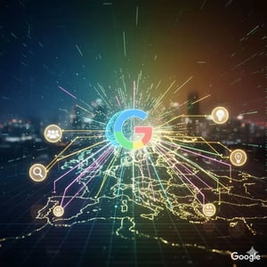 Google AI-Netzwerk: Das G-Logo mit Gehirnvisualisierung und leuchtenden Verbindungslinien