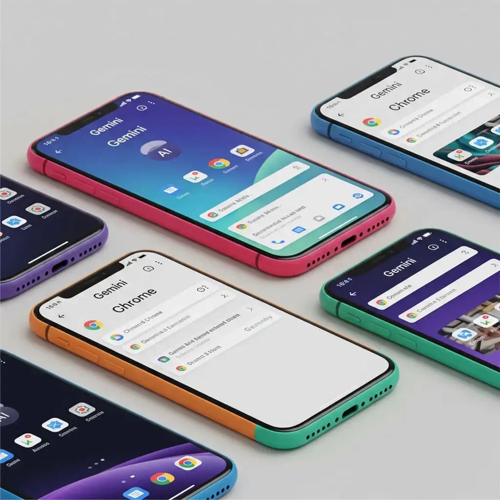 iPhones in bunten Hüllen zeigen Google Gemini und Chrome Apps, symbolisierend Googles KI-Integration in mobile Suche.