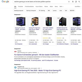 Google-Suche zeigt gesponserte Gaming-PCs und einen Vergleichsartikel.
