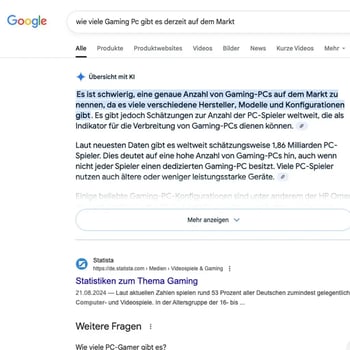 Google-Suche zeigt KI-Übersicht zur Anzahl der Gaming-PCs, erwähnt 1,86 Milliarden PC-Spieler und einen Statista-Link.