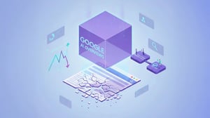 Isometrische Illustration eines „Google AI Overviews“-Würfels, der ein Browserfenster zerbricht und sinkende SEO-Diagramme darstellt