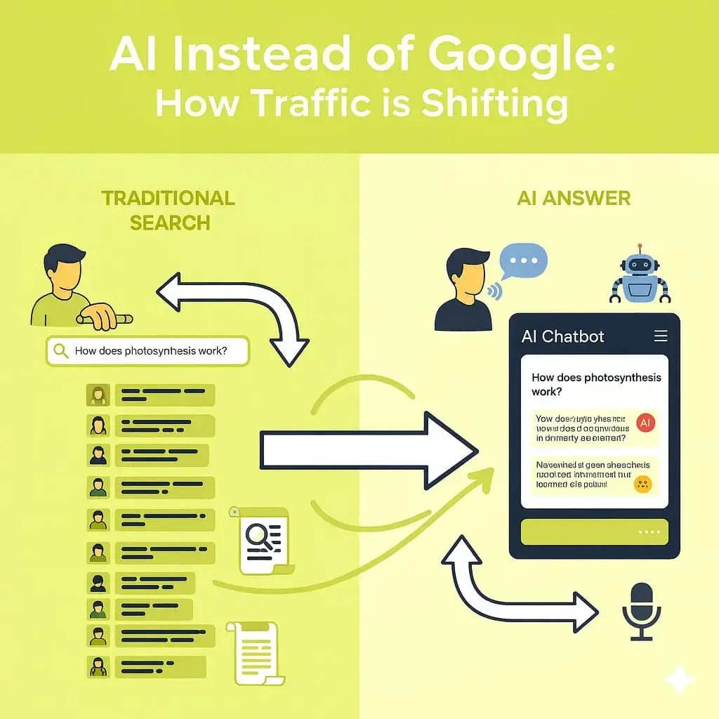 Die Grafik zeigt, wie sich Suchanfragen von traditionellen Google-Ergebnissen hin zu direkten Antworten durch KI-Chatbots verschieben.