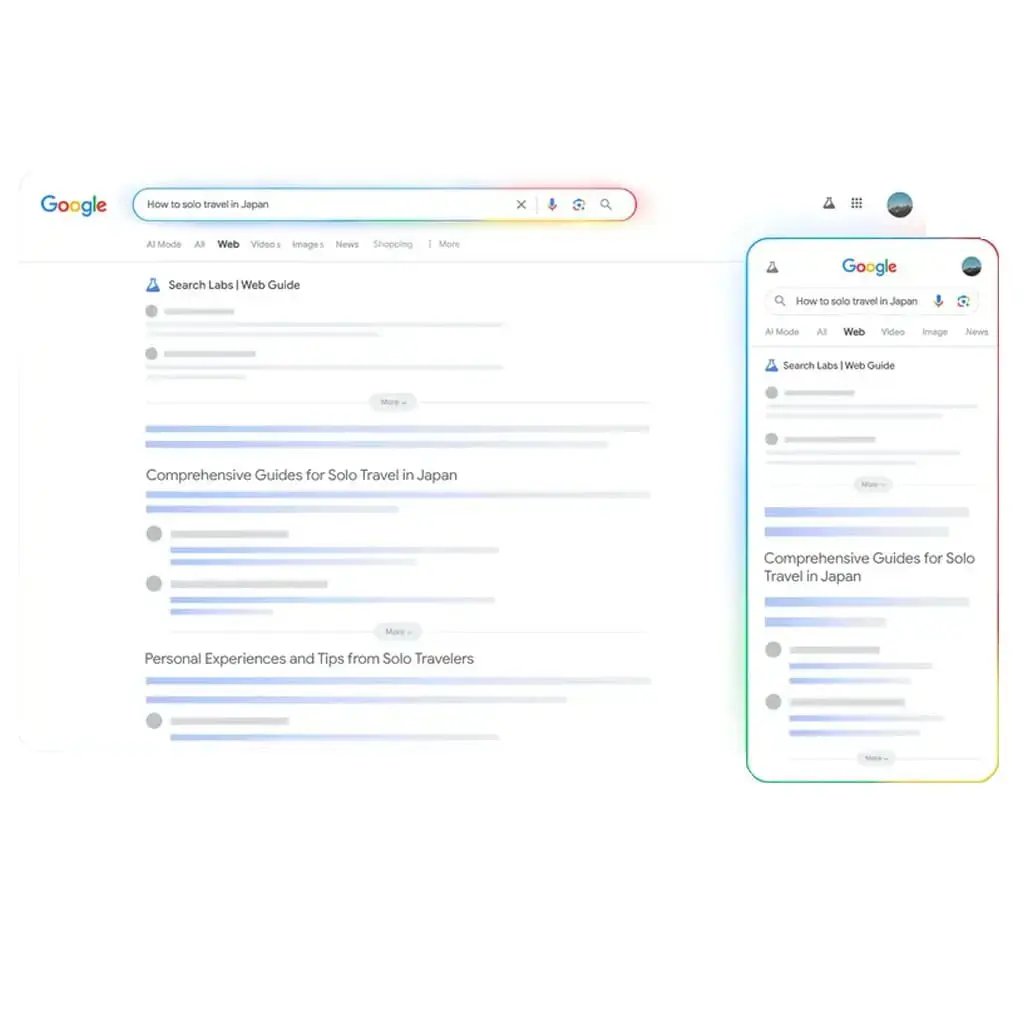 Die Illustration zeigt, wie ein Google-Suchergebnis für „How to solo travel in Japan“ als „Web Guide“ auf einem Computer und einem Smartphone dargestellt wird.
