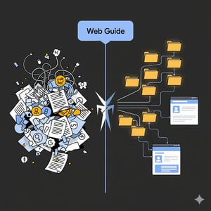 Die Abbildung vergleicht das Chaos unorganisierter Informationen mit der klaren, baumartigen Struktur, die ein „Web Guide“ schafft, um Inhalte zu ordnen und zugänglich zu machen.