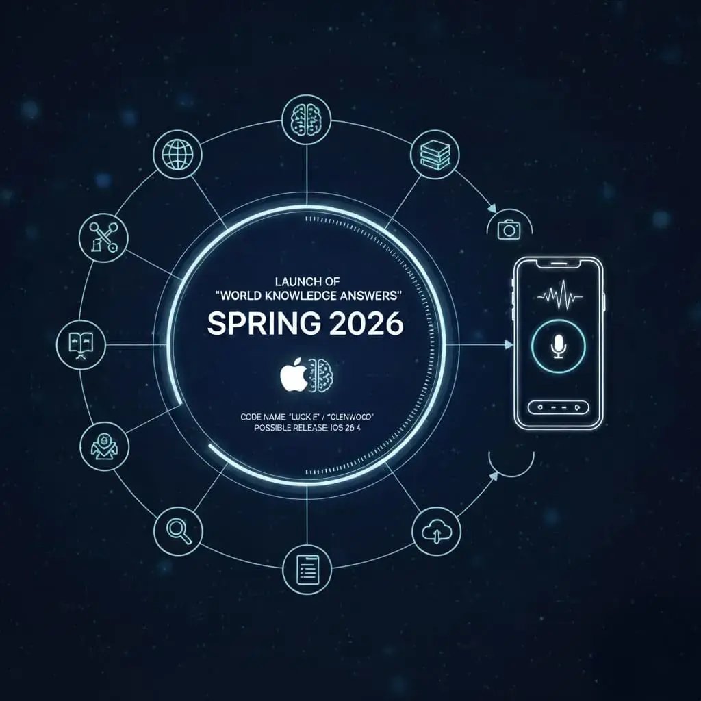 Digitale Ankündigung: "LAUNCH OF 'WORLD KNOWLEDGE ANSWERS' SPRING 2026" mit Apple-Logo, umgeben von einem Kreis aus Wissens-Ikonen und einem Smartphone mit Sprachfunktion.