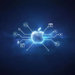 Digitales, leuchtend blaues Apple-Logo, das im Zentrum eines Netzwerks aus Linien und Ikonen für Suche, Karten und Medien steht.