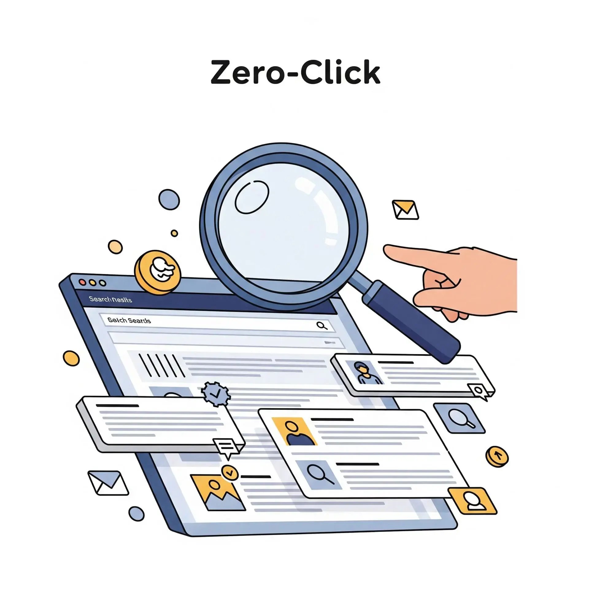 Illustration einer Zero-Click-Suche mit Lupe, Handzeiger und hervorgehobenen Suchergebnissen in Google.
