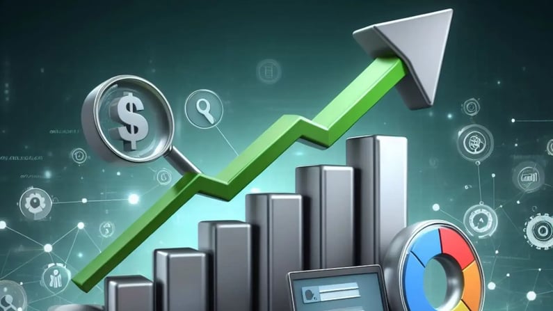 Dieses digitale Bild zeigt einen starken Aufwärtstrend. Ein grüner Pfeil steigt über ein graues Balkendiagramm. Im Vordergrund sind eine Lupe mit einem Dollarzeichen ($) und ein farbiges Kreisdiagramm zu sehen. Der Hintergrund ist dunkelgrün mit verschwommenen digitalen Icons.