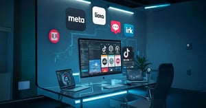 Eine Darstellung von KI-gestütztem Social-Media-Marketing. Ein Schreibtisch in einem dunklen, futuristischen Büro zeigt einen großen Monitor und Laptops mit TikTok-Oberflächen.