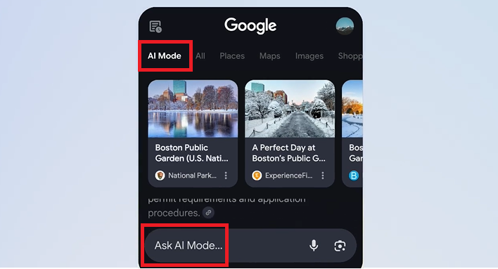 Veranschaulichung des neuen Google Ai Modes anhand eines Beispieles in der Google Suche.