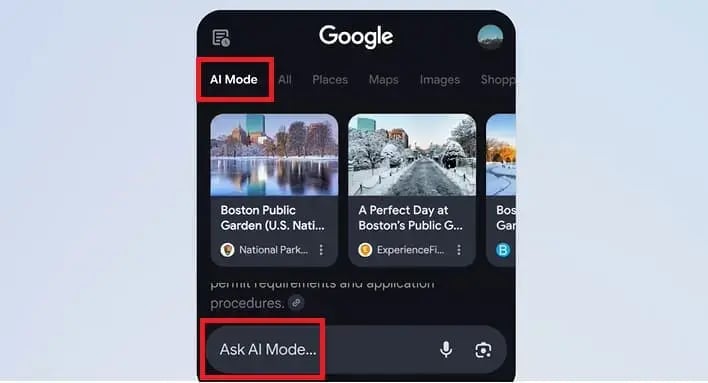 Veranschaulichung des neuen Google Ai Modes anhand eines Beispieles in der Google Suche.