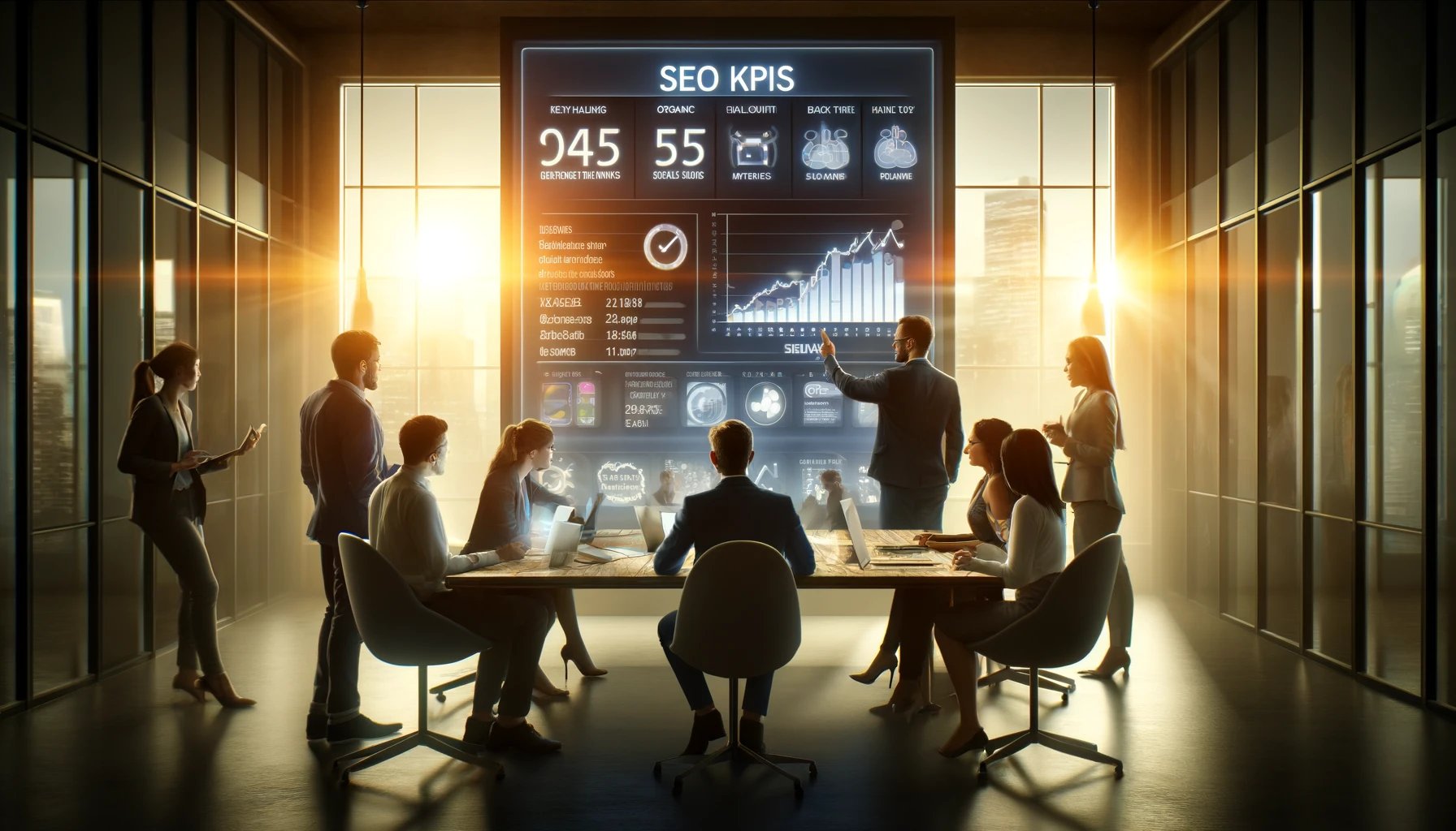 DALL·E 2024-04-11 12.06.19 - For the SEO KPIs image, envision an office space illuminated by soft, natural light. A large, sleek monitor on the wall displays detailed SEO metrics 
