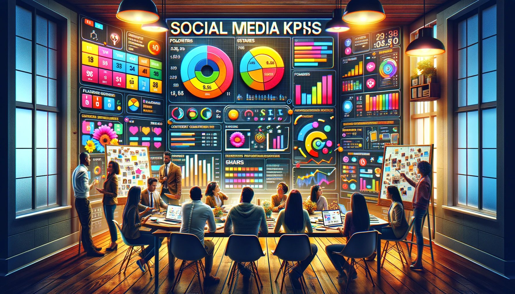 DALL·E 2024-04-11 12.10.06 - For the Social Media KPIs image, create a scene set in a vibrant, creative agency environment. A large, colorful dashboard dominates the space, displa