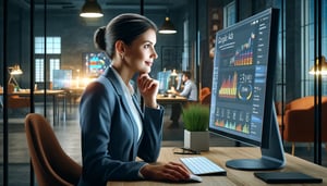 Modern office scene where a businesswoman is looking at her computer screen, visibly pleased with her Google Ads results.