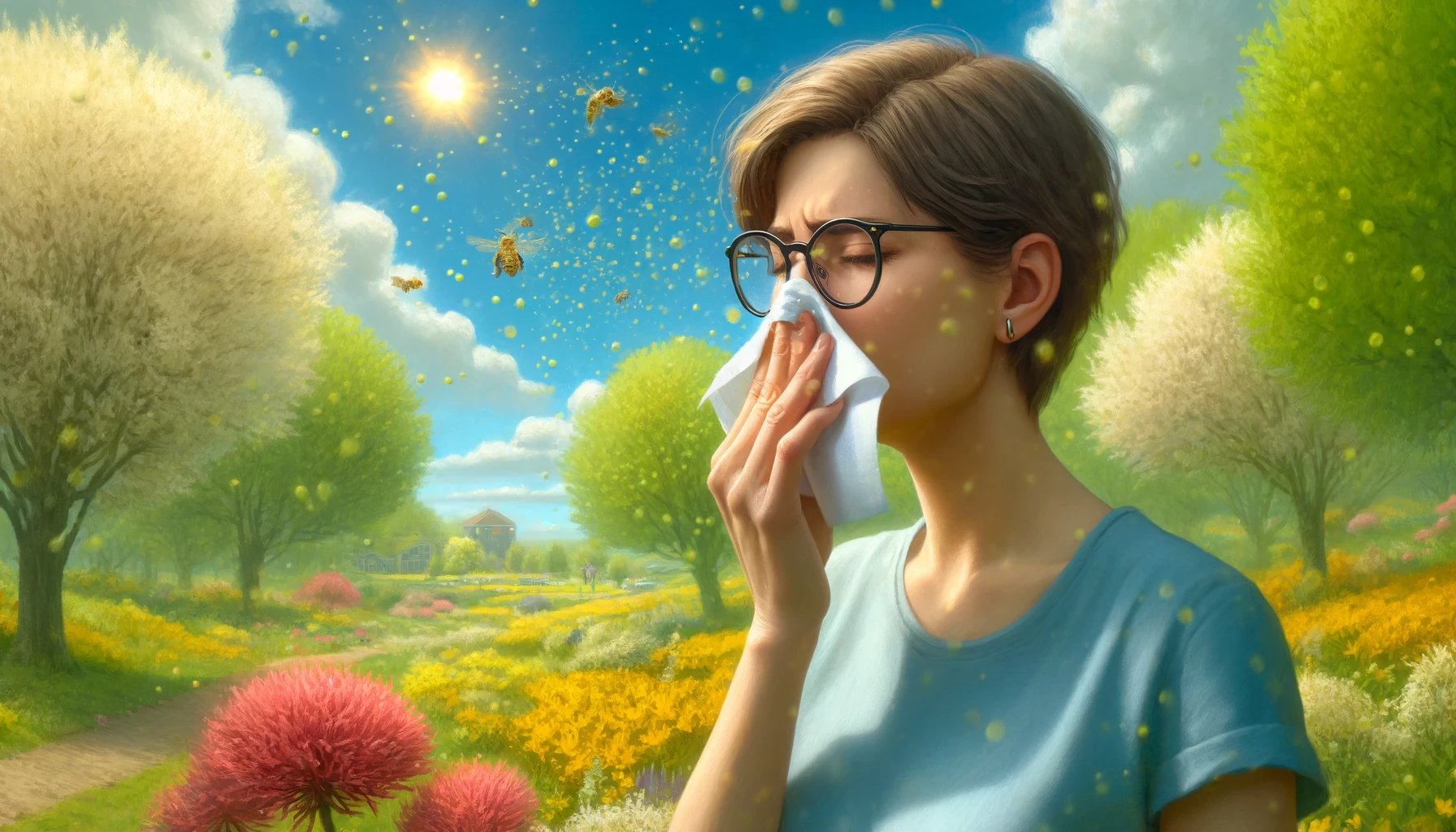 DALL·E 2024-04-24 15.00.00 - A digital painting of a person sneezing because of pollen, in a landscape format. The scene is outdoors during spring with trees and flowers in full b
