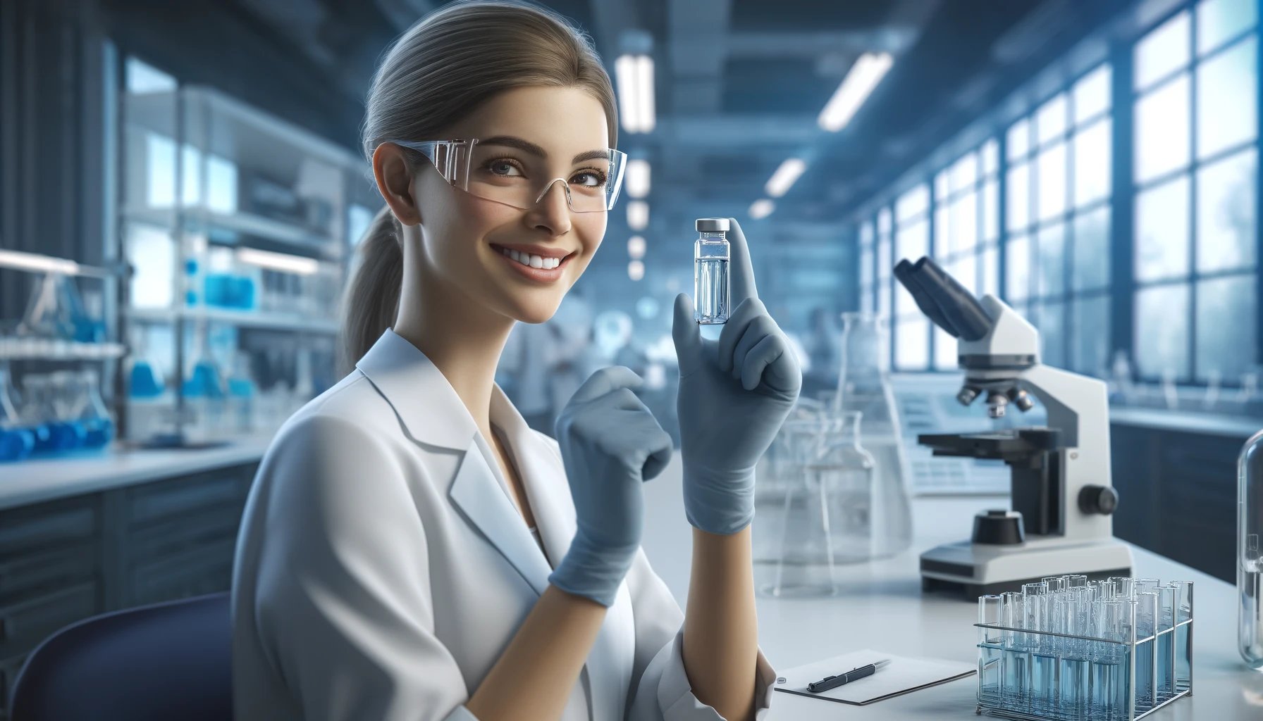 DALL·E 2024-04-24 15.11.09 - A digital painting in landscape format of a lab worker smiling at a vial. The scene is set in a modern, well-equipped laboratory. The lab worker, a Ca