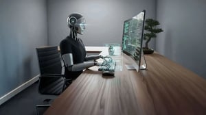 Ein Roboter tippt an einem Schreibtisch vor einem Computermonitor in einem Büro.