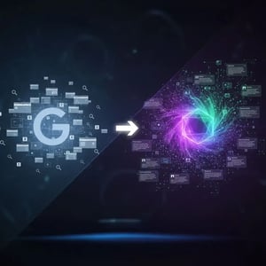 Visuelle Darstellung des Übergangs von traditioneller Suchmaschinenoptimierung (SEO) zu generativer Engine Optimization (GEO) mit KI-Technologie
